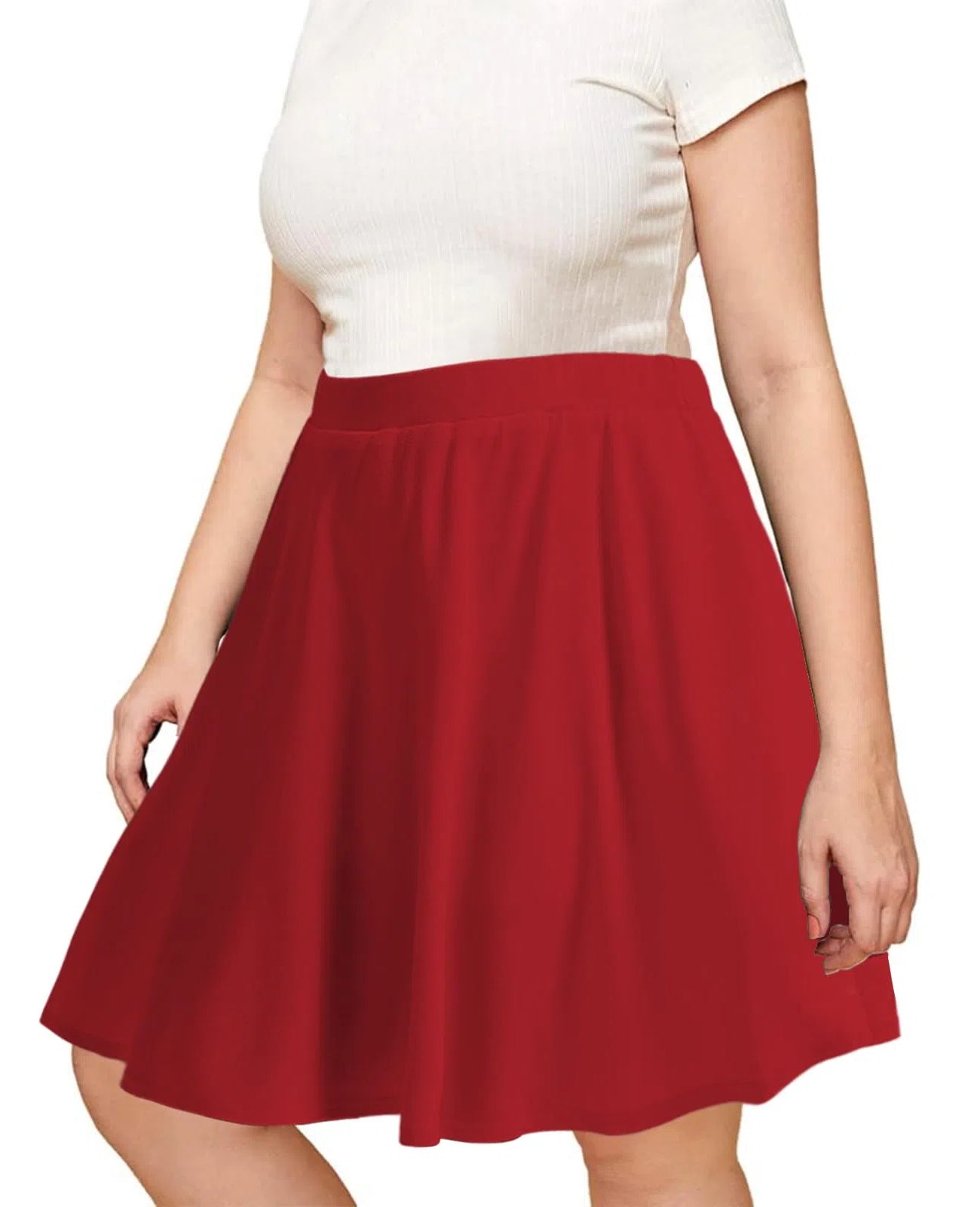 Plus Size Midi Skater Skirt with Shorts - Red丨Moon Wood