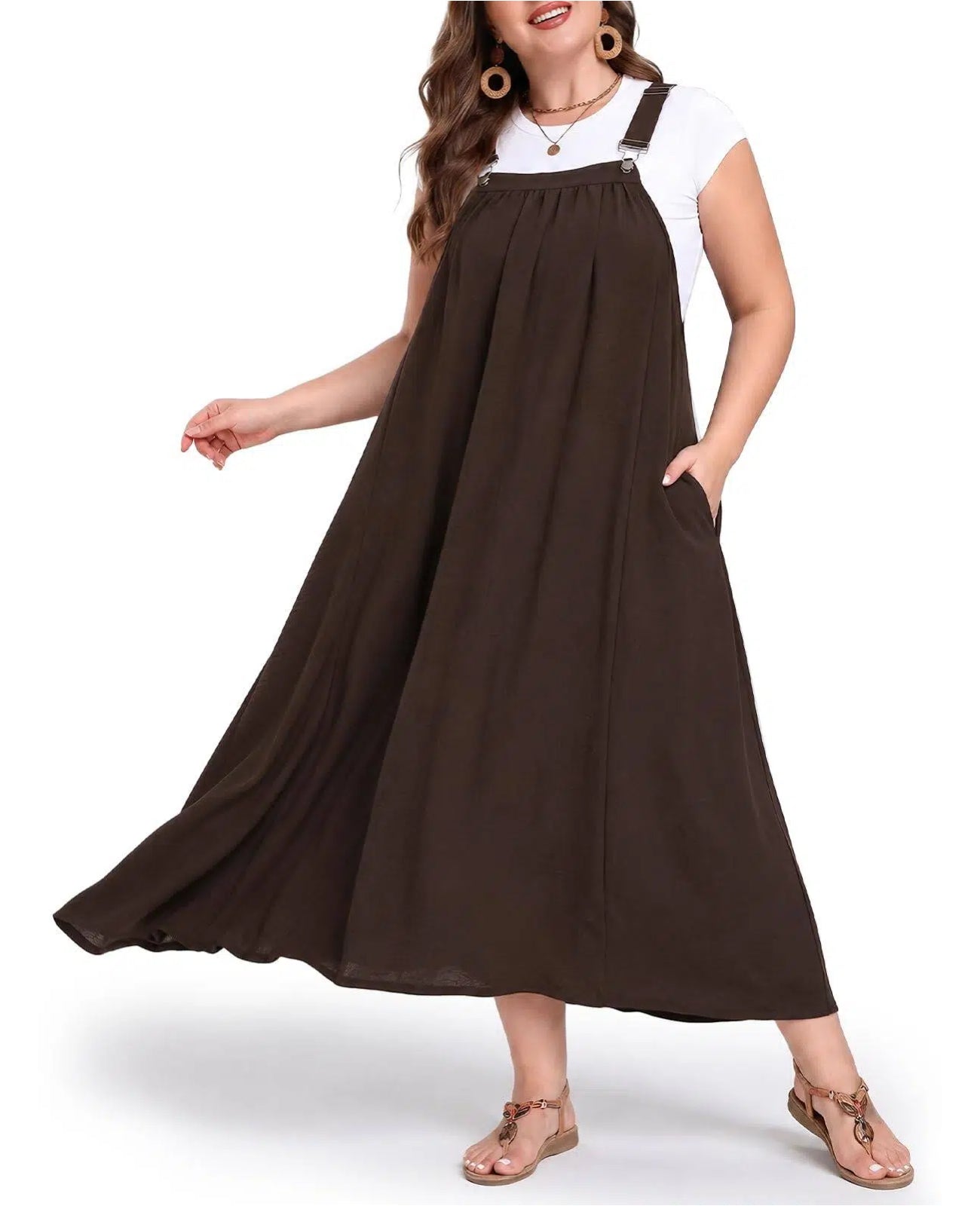 Plus Size Overall Dress Flowy A-Line - Coffee | Moon Wood Plus Size Overall Dress Flowy A-Line - Coffee | Moon Wood