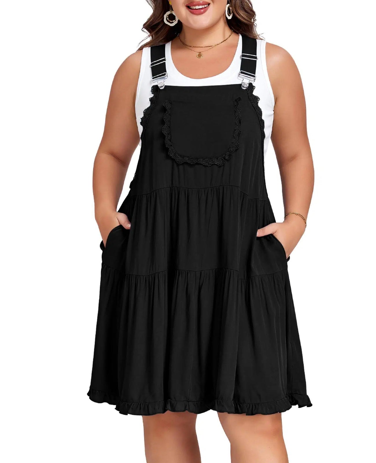Plus Size Overall Dress Lace Trim Mini Dress - Black