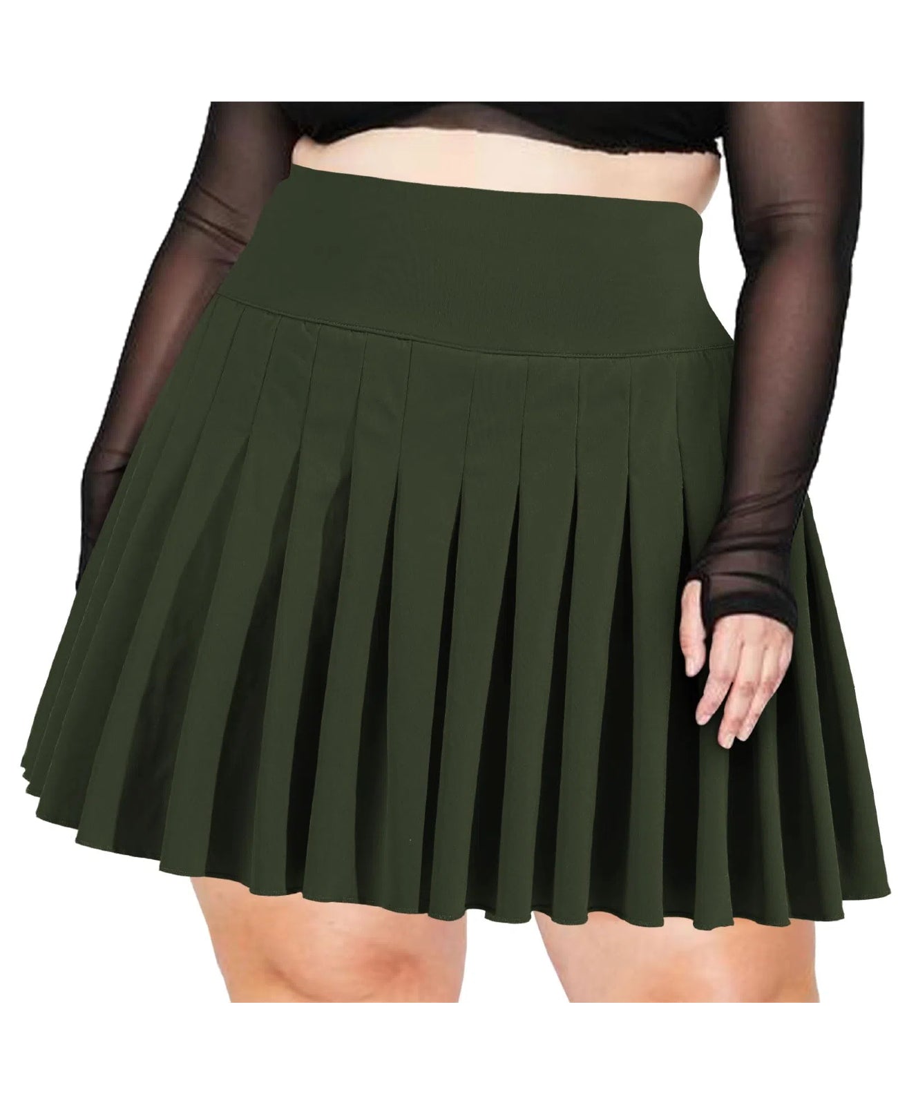 Plus Size Pleated Mini Skirt-Olive Green Moon Wood