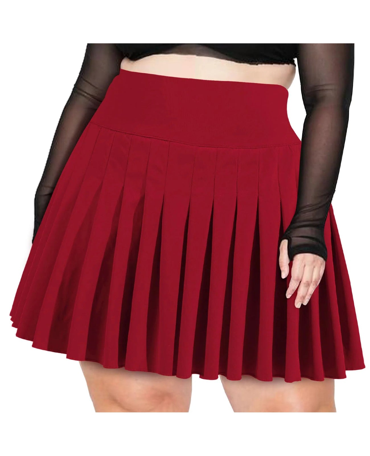 Plus Size Pleated Mini Skirt-Red | Moon Wood