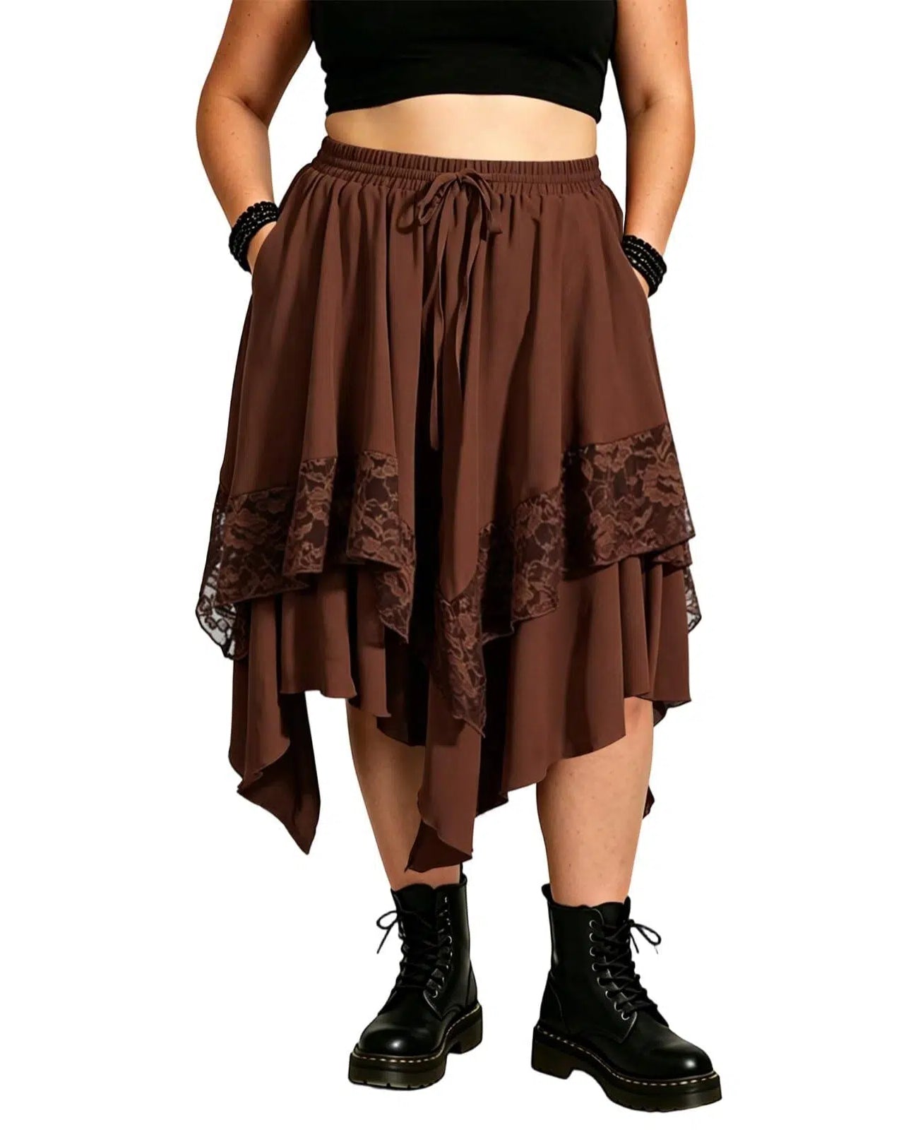 Plus Size Renaissance Skirt Lace Asymmetrical - Brown丨Moon Wood