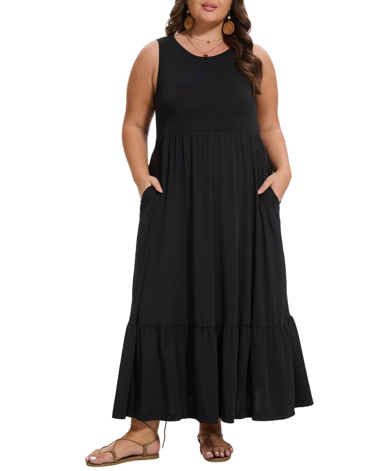 blue dress for baby girl Plus Size Sleeveless Crewneck Tank Dress-Black, 5XL
