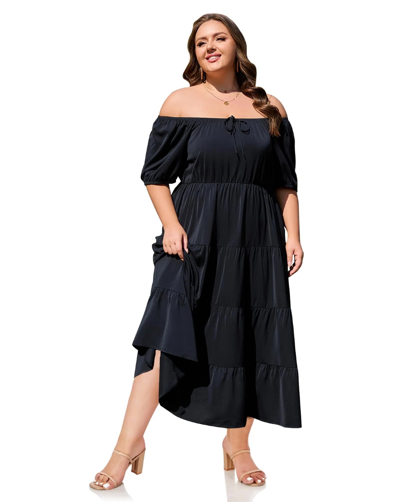Plus Size Square Neck Maxi Dress Tiered-Black, 5XL Plus Size Square Neck Maxi Dress Tiered-Black, 5XL
