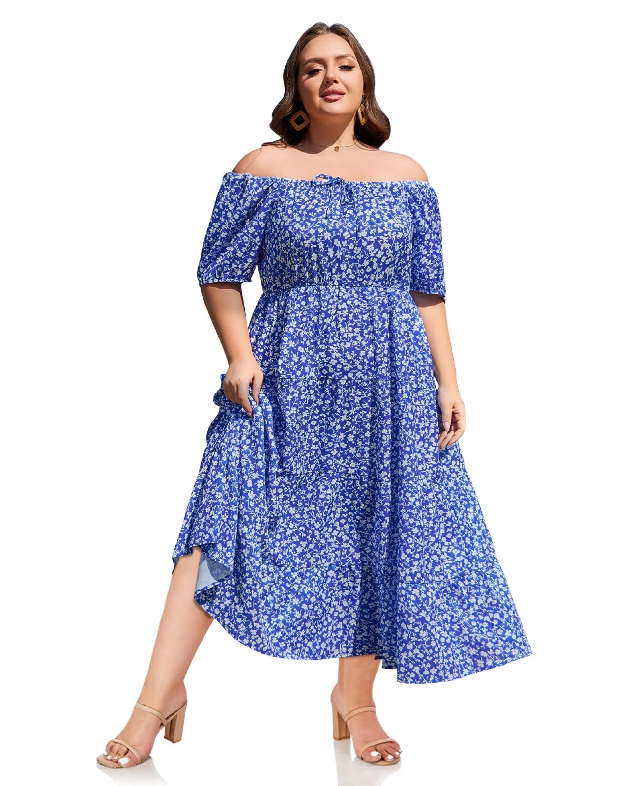 Plus Size Square Neck Maxi Dress Tiered-Blue Floral, 3XL Plus Size Square Neck Maxi Dress Tiered-Blue Floral, 3XL