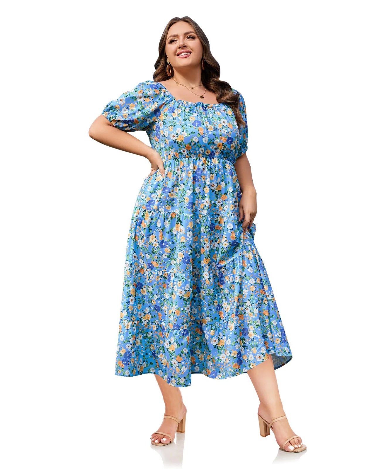 Plus Size Square Neck Maxi Dress Tiered-Colorful Blue Floral, 4XL