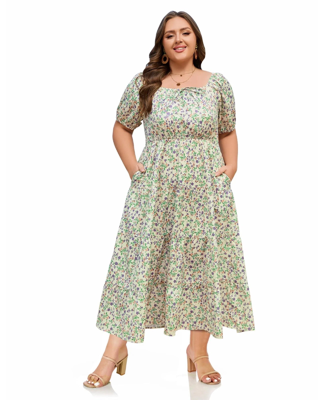 Plus Size Square Neck Maxi Dress Tiered-Yellow Floral, 3XL
