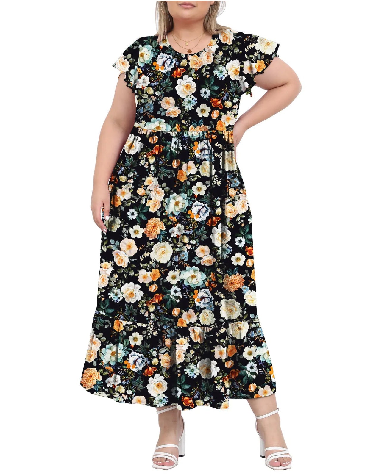 Plus Size Summer Dress Crew Neck Ruffle with Pockets-Black Painting