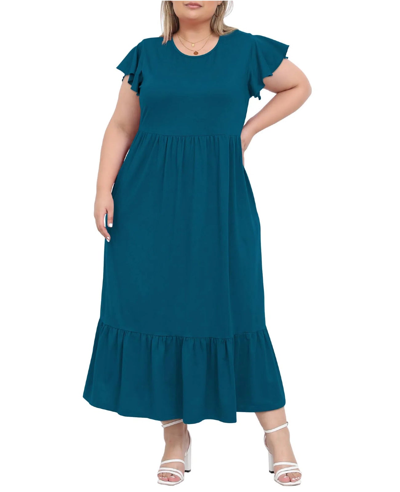 Plus Size Summer Dress Crew Neck Ruffle with Pockets-Blue Raspberry, XXL