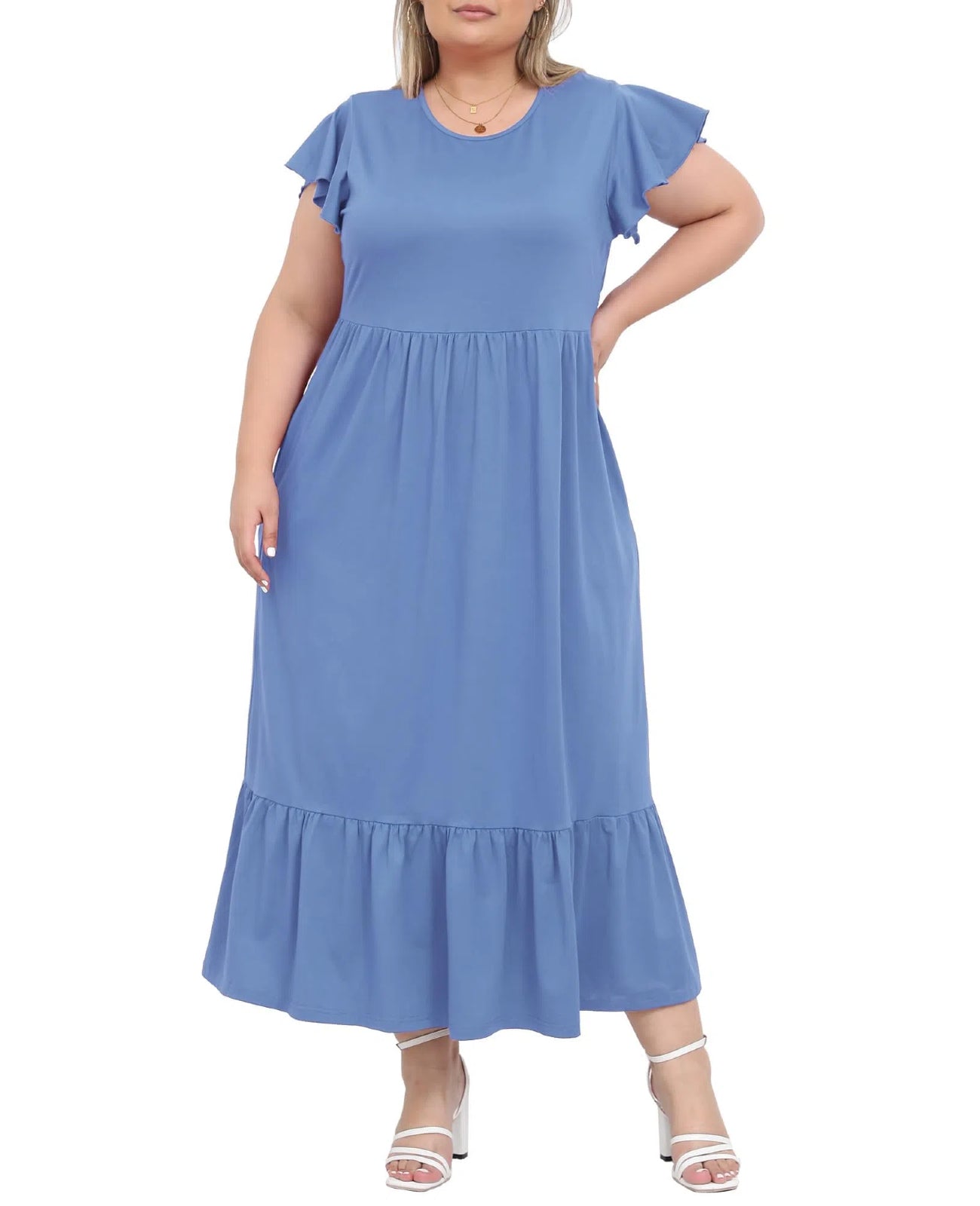 Plus Size Summer Dress Crew Neck Ruffle with Pockets-Dusty Blue, XL Plus Size Summer Dress Crew Neck Ruffle with Pockets-Dusty Blue, XL
