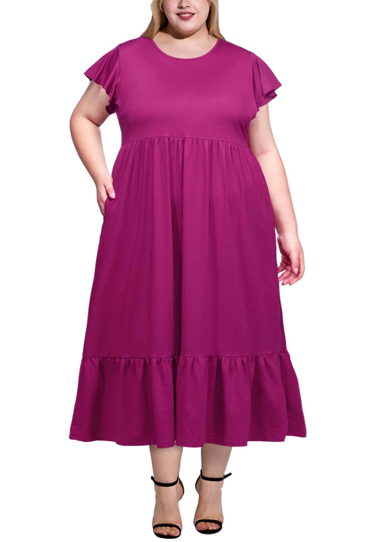 Plus Size Summer Dress Crew Neck Ruffle with Pockets-Plum, 4XL Plus Size Summer Dress Crew Neck Ruffle with Pockets-Plum, 4XL