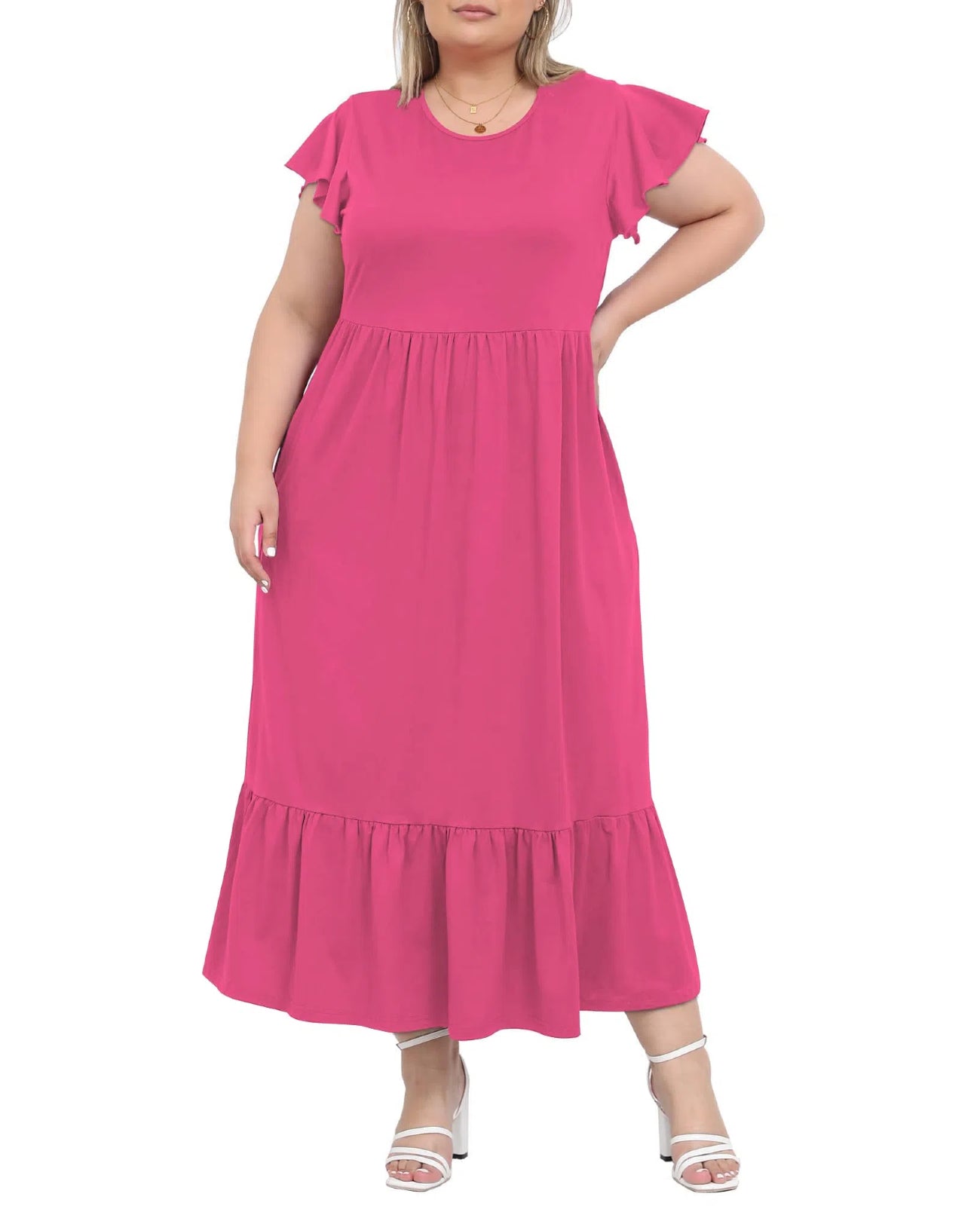 plus size pink summer dresses Plus Size Summer Dress Crew Neck Ruffle with Pockets-Rose, XL