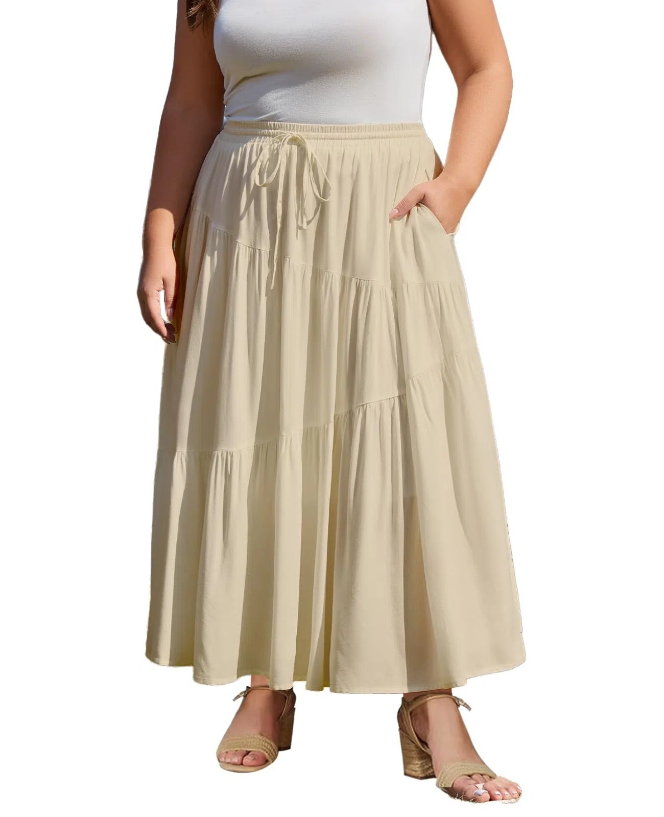 Plus Size Tiered Maxi Skirt-Almond | Moon Wood