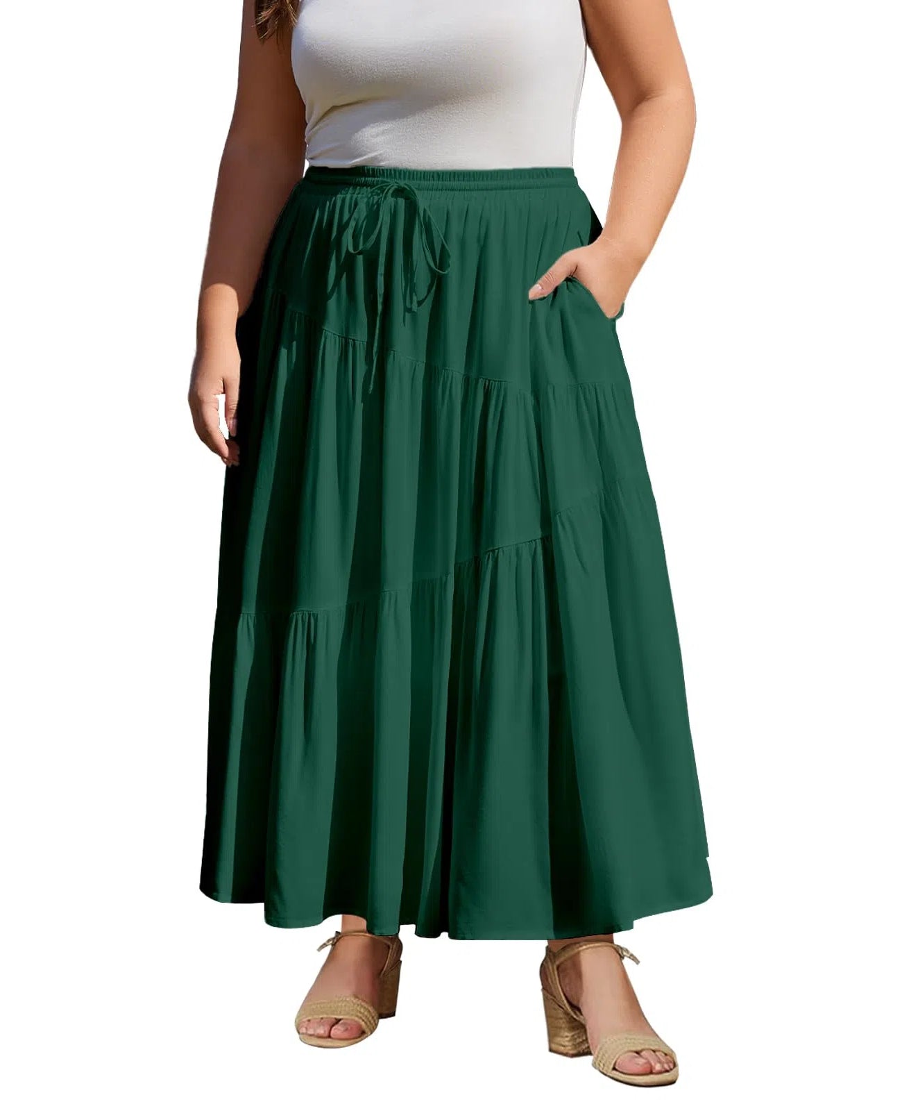 Plus Size Tiered Maxi Skirt-Green | Moon Wood