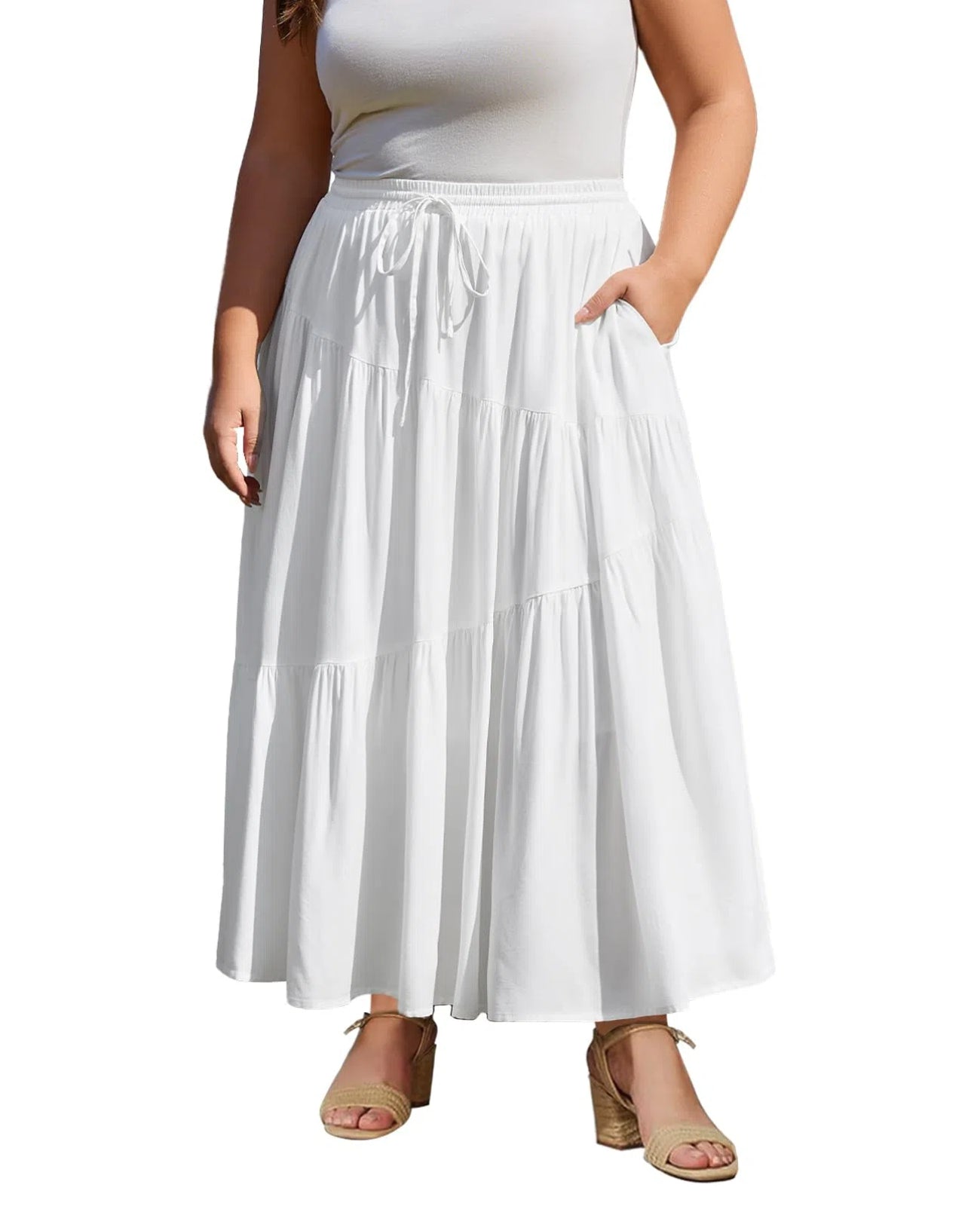 Plus Size Tiered Maxi Skirt-White | Moon Wood