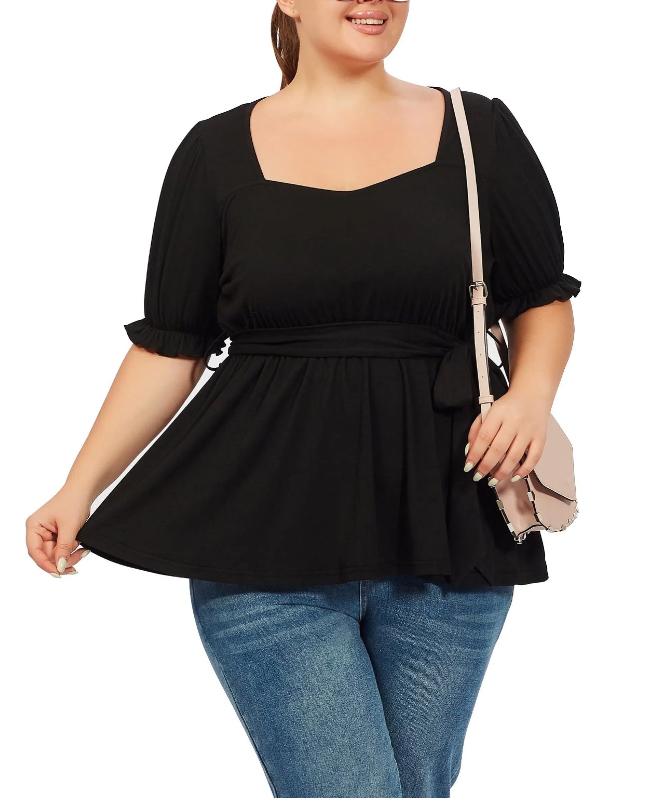 Plus Size Tunic Tops Puff Sweetheart Neck-Black | Moon Wood
