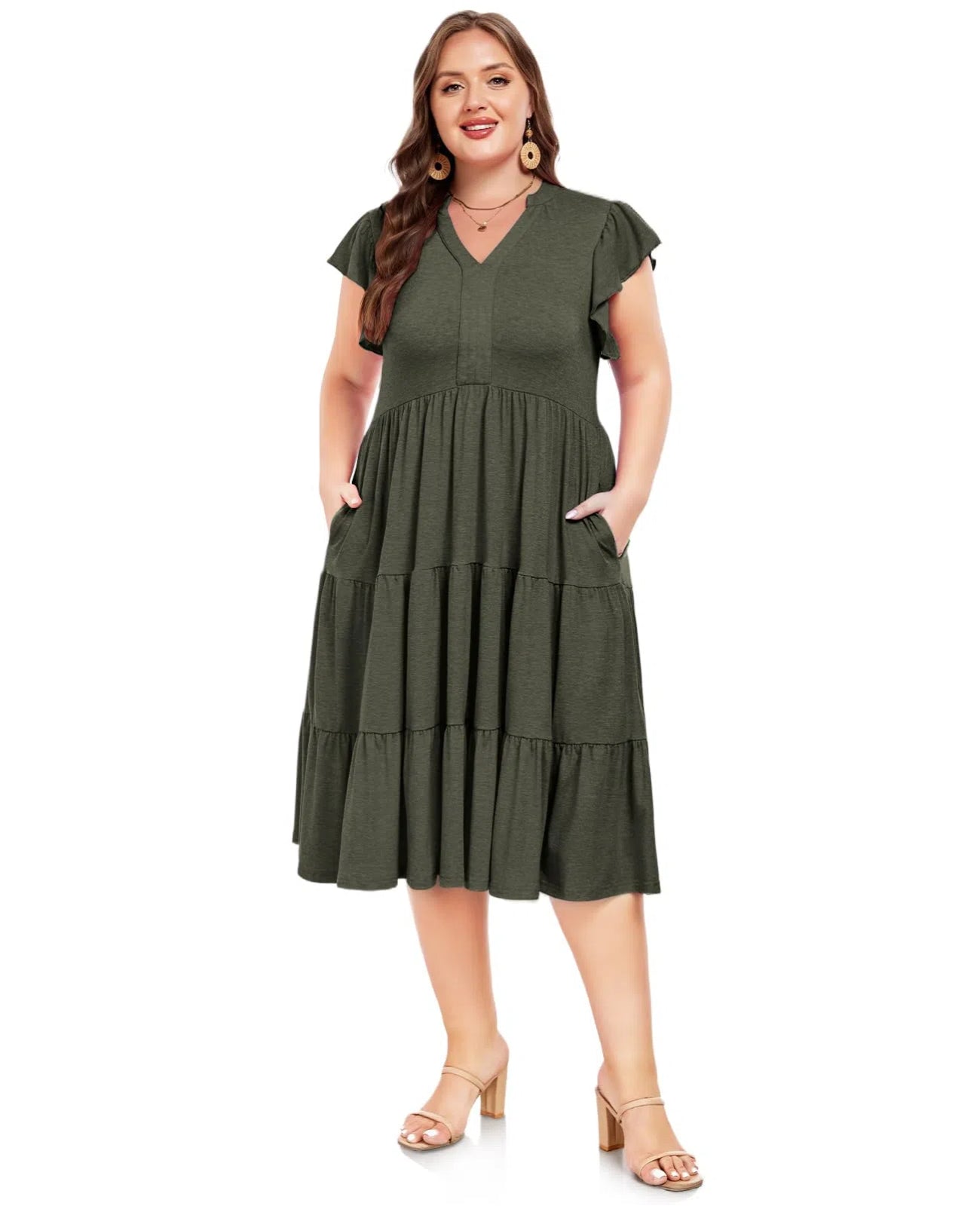 green emerald velvet dress Plus Size V Neck Ruffle Midi Dress-Army Green, 5XL