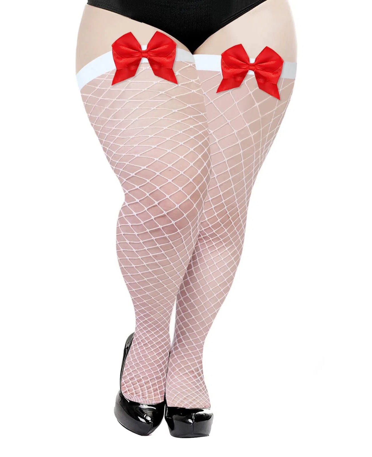 Plus Size White Fishnet Stockings with Bows Red - Moon Wood Plus Size White Fishnet Stockings with Bows Red - Moon Wood