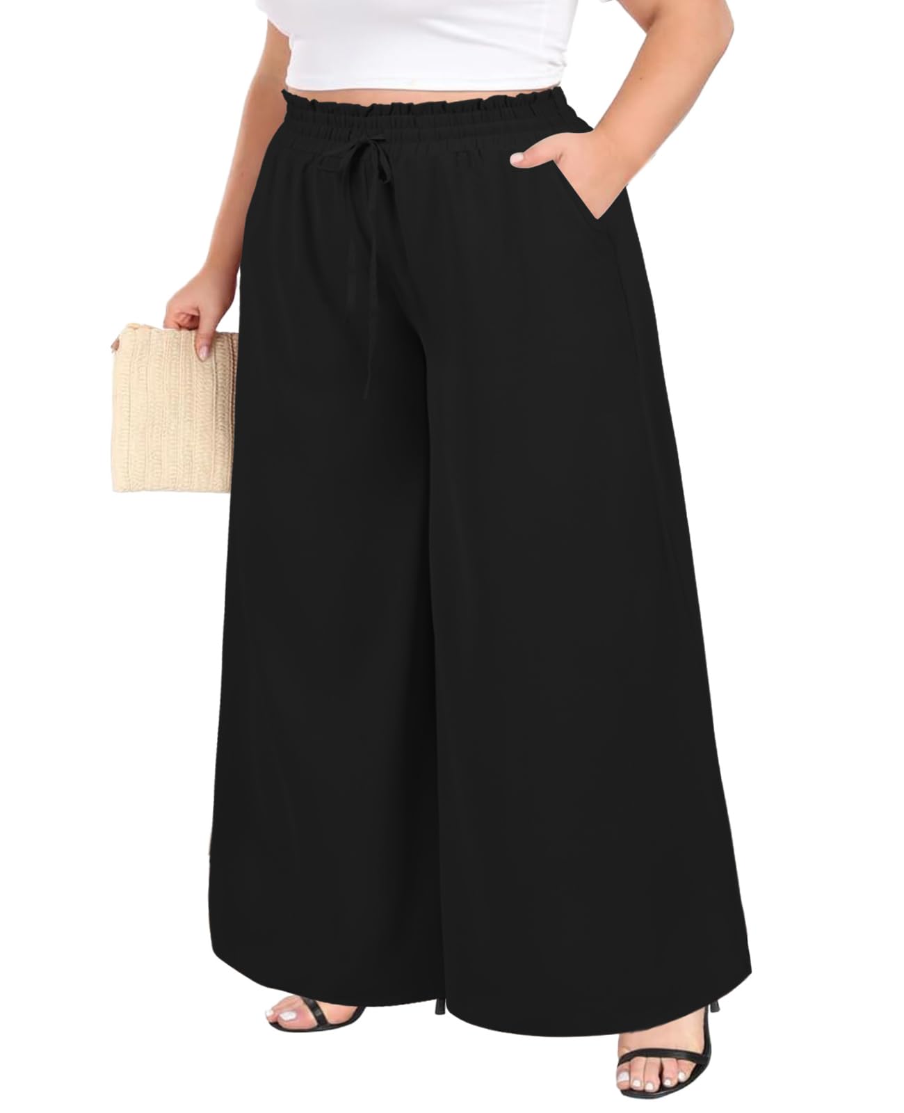 Plus Size Wide Leg Pants with Pockets-Black | Moon Wood