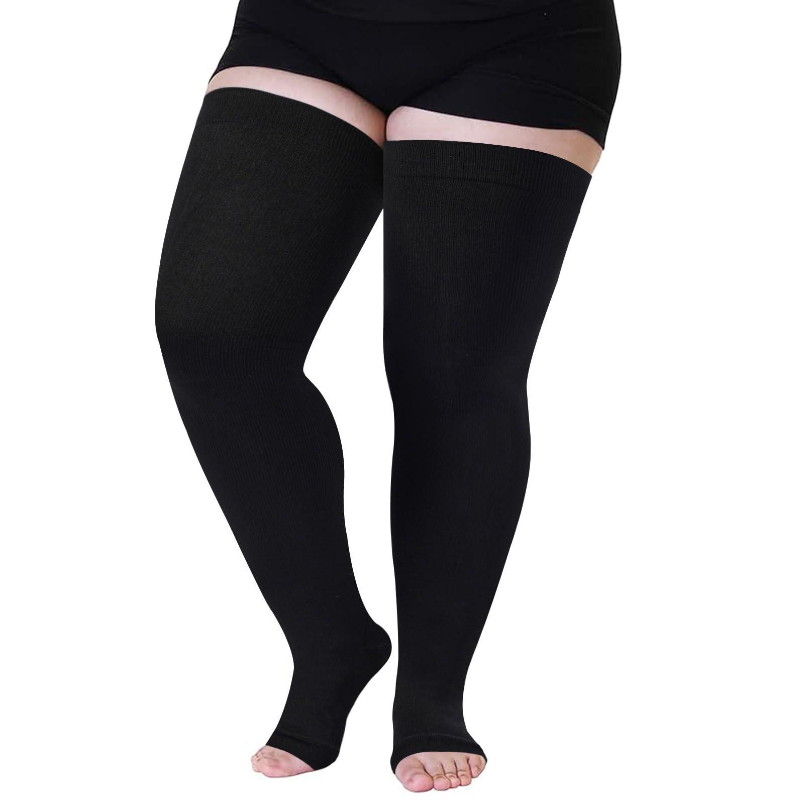Plus Size Open Toe Thigh High Compression Stockings Black