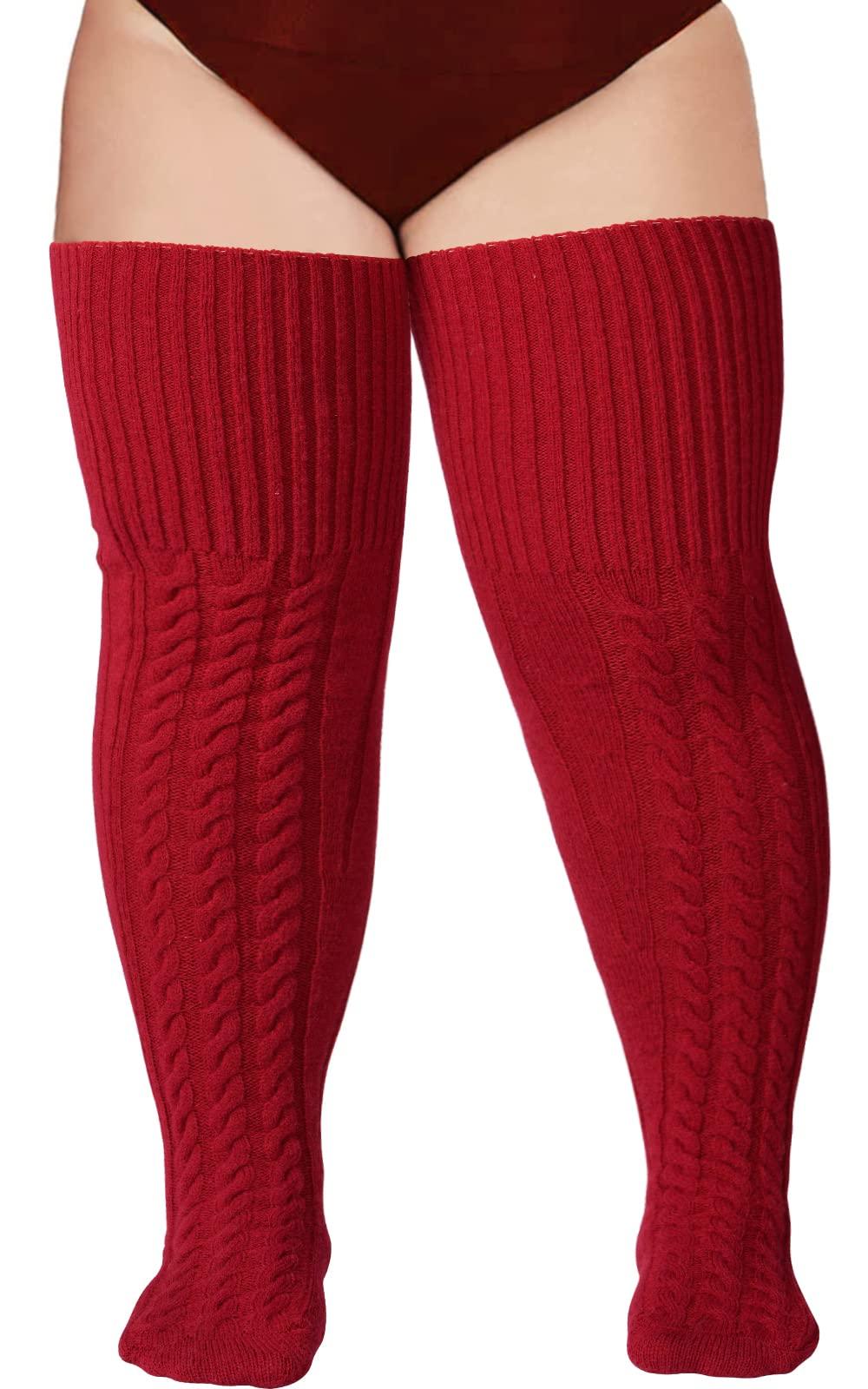 Wool Plus Size Thigh High Socks For Thick Thighs-Burgundy