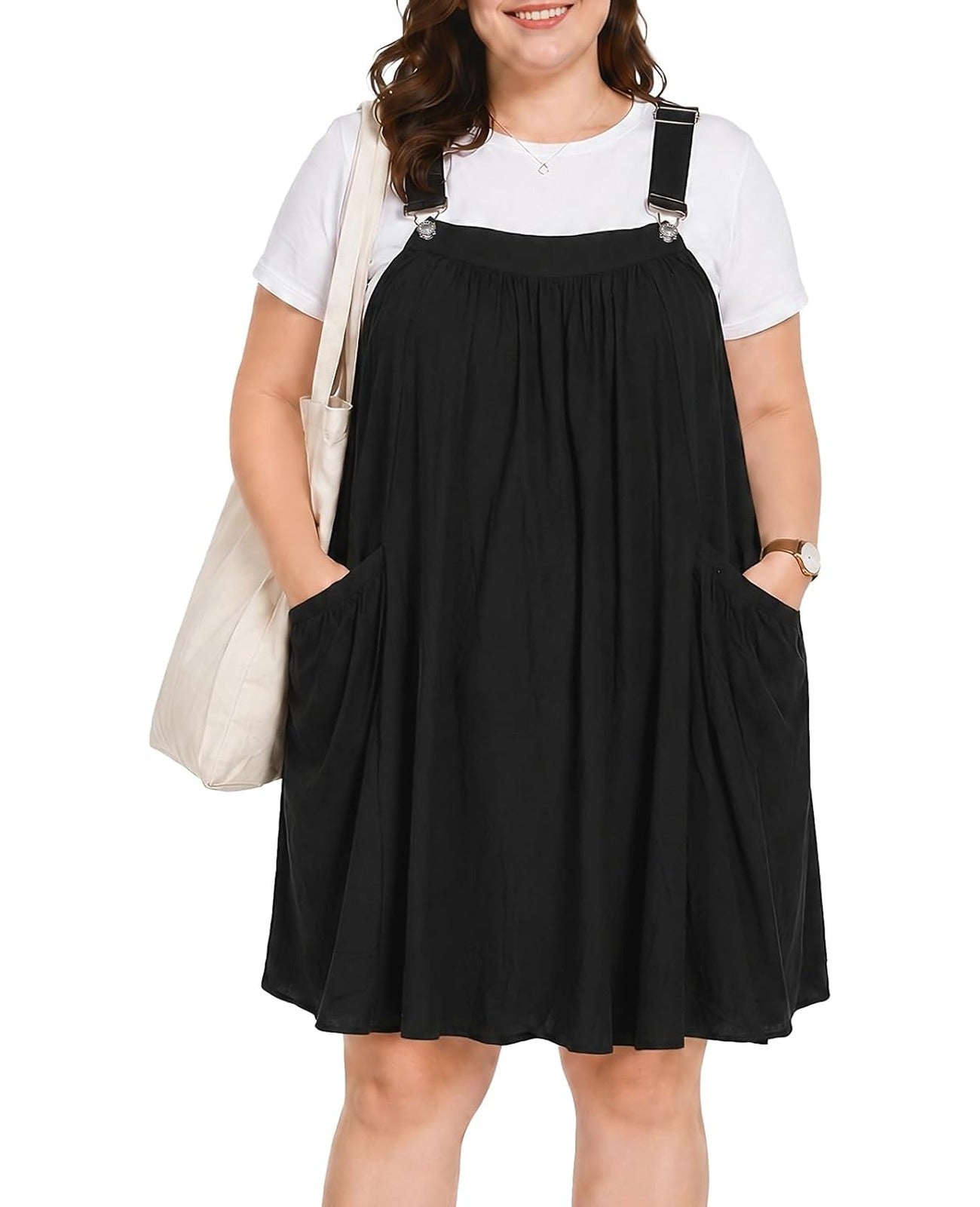 Plus Size Cotton Overall Mini Dress with Pockets