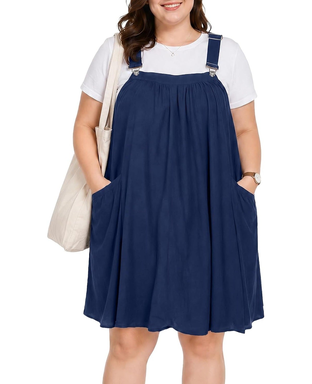 Plus Size Cotton Overall Mini Dress with Pockets - Navy