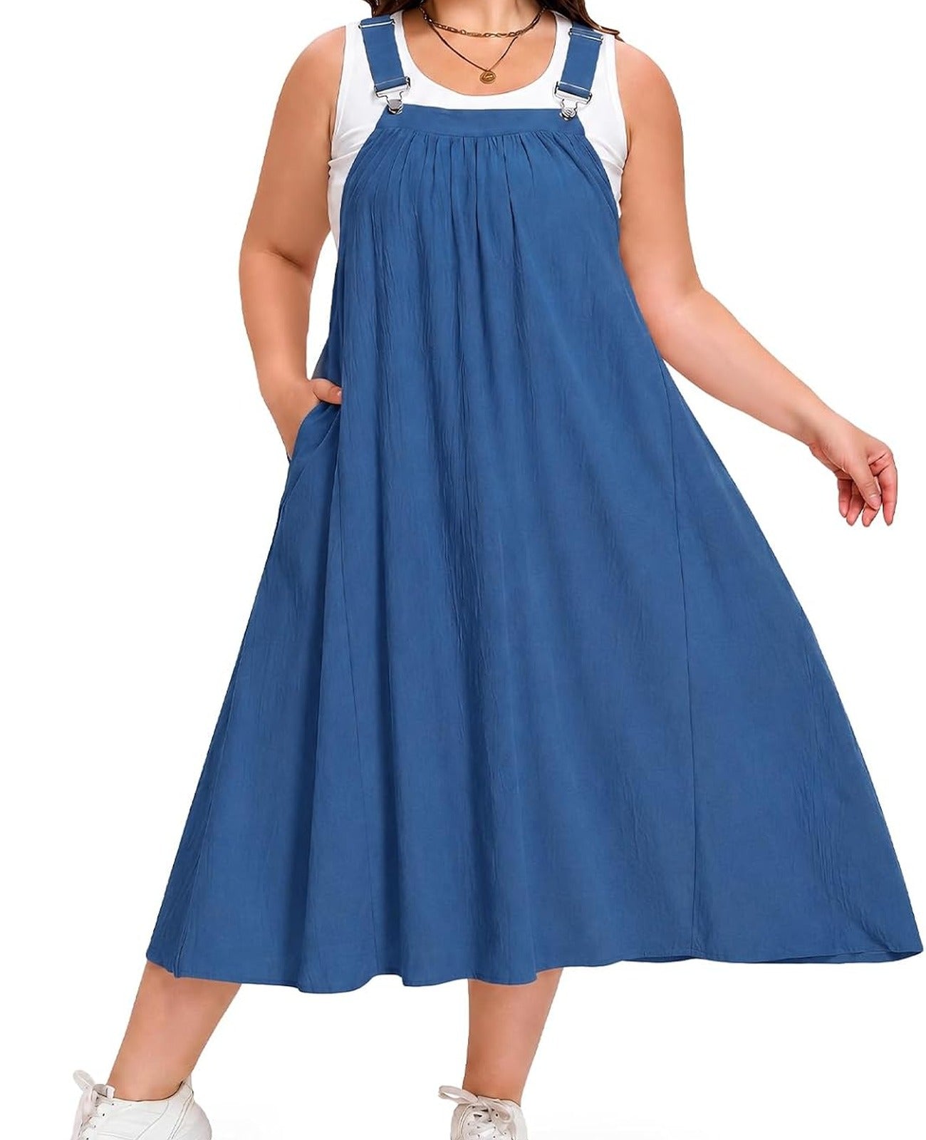 Plus Size Cotton Overall Dress with Pockets - Royal Blue