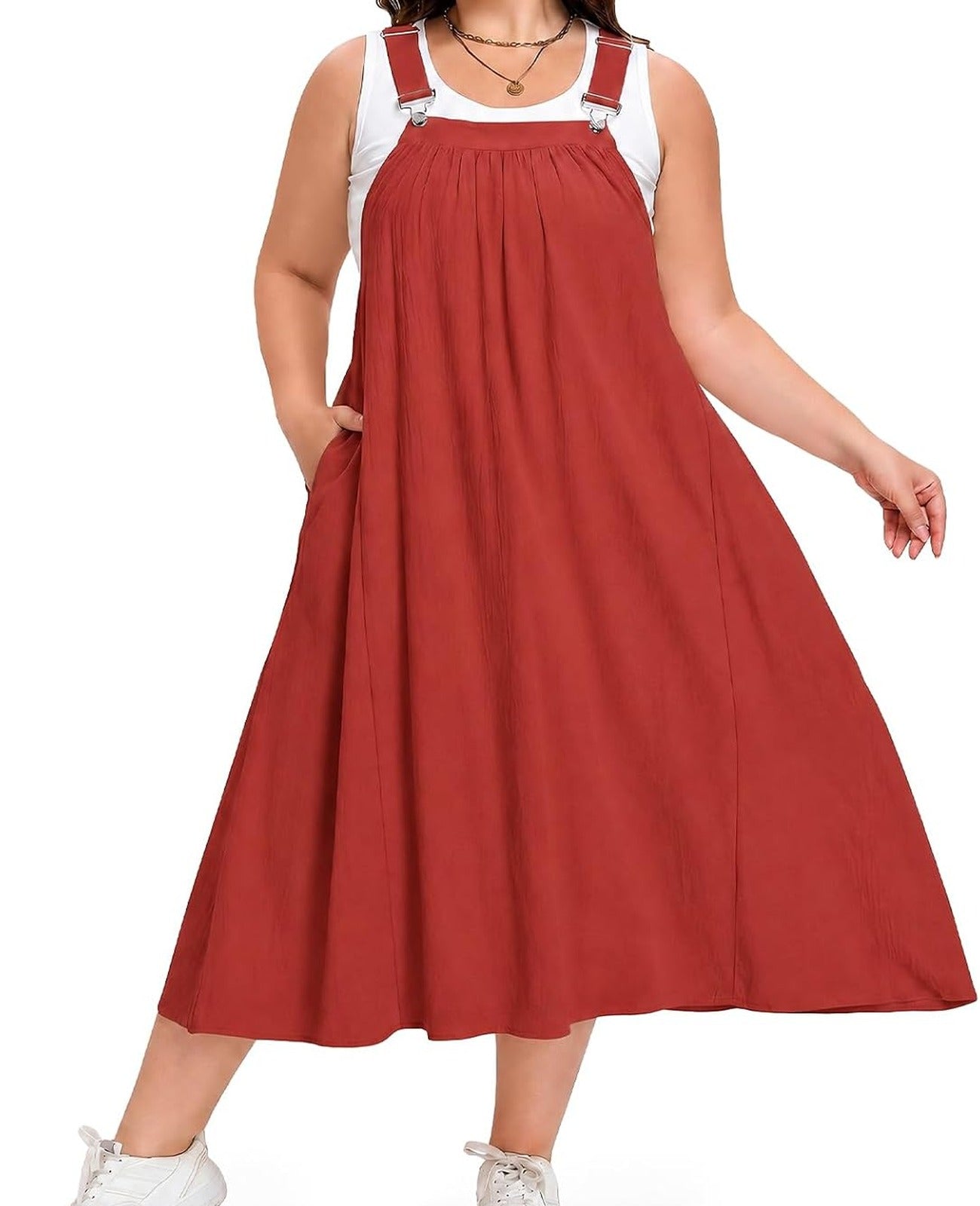 Plus Size Cotton Overall Dress with Pockets - Rust