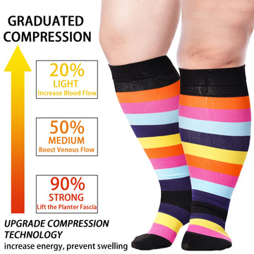 3 Pairs Plus Size Knee High Compression Socks for Women & Men-Love,rainbow,polka dot