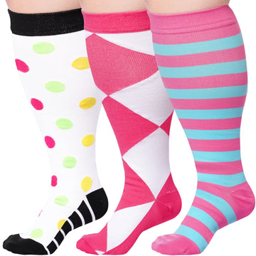 3 Pairs Plus Size Knee High Compression Socks for Women & Men-Polka dot,Rhombus,Stripe