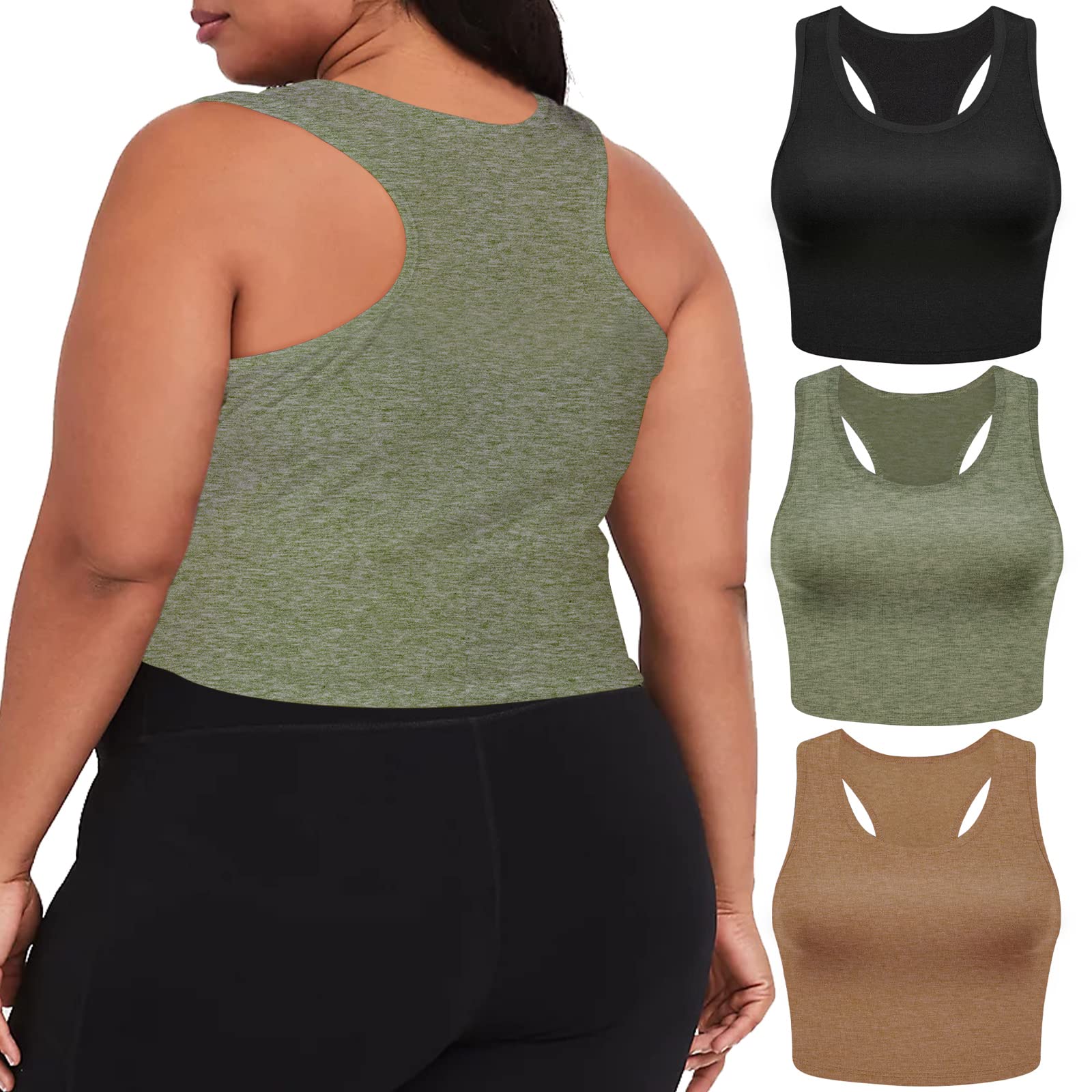 3 Pieces Basic Plus Size Tank Tops for Women-Black,Coffee,Army Green