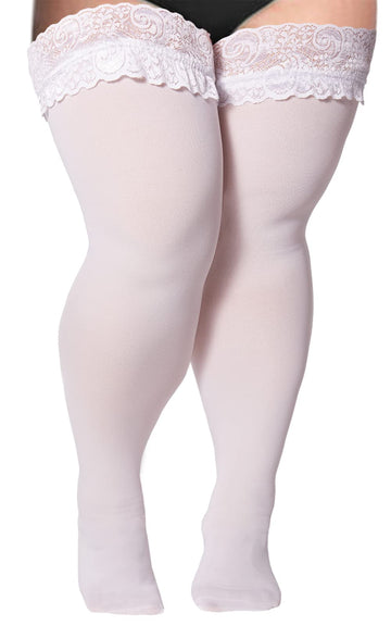 55D Semi Sheer Silicone Lace Stay Up Thigh Highs -White