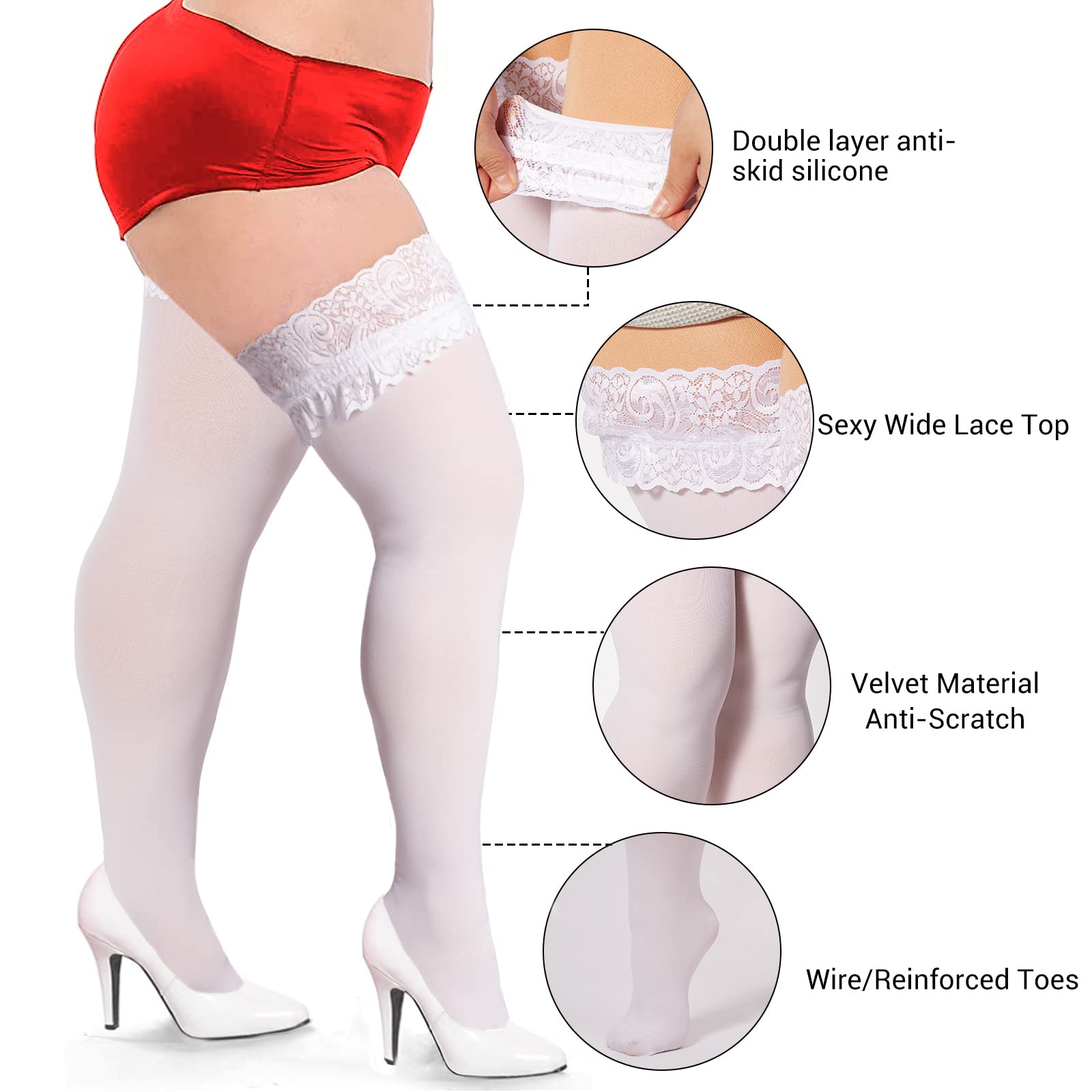 55D Semi Sheer Silicone Lace Stay Up Thigh Highs Pantyhose-White - Moon Wood