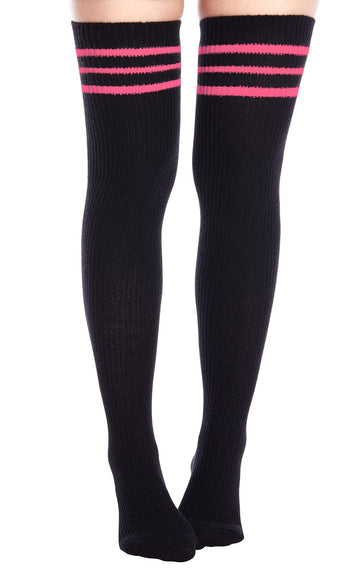 Extra Long Warm Knit Striped Thigh Highs - Black & Bubble Gum Pink Striped
