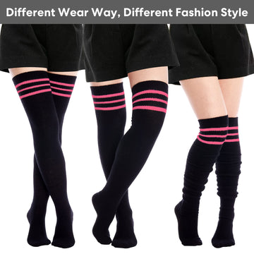 Extra Long Warm Knit Striped Thigh Highs - Black & Bubble Gum Pink Striped