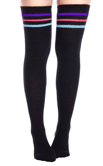 Extra Long Warm Knit Striped Thigh Highs - Black & Rainbow Striped