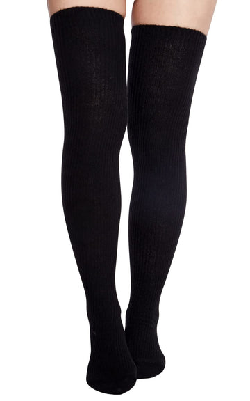 Extra Long Warm Knit Striped Thigh Highs - Black