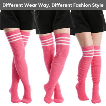 Extra Long Warm Knit Striped Thigh Highs - Bubble Gum Pink & White Striped