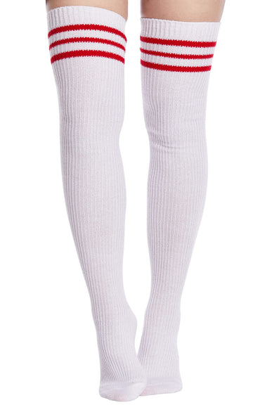 Extra Long Warm Knit Striped Thigh Highs - Christmas White & Red