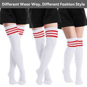 Extra Long Warm Knit Striped Thigh Highs - Christmas White & Red
