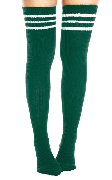 Extra Long Warm Knit Striped Thigh Highs - Emerald Green & White Striped