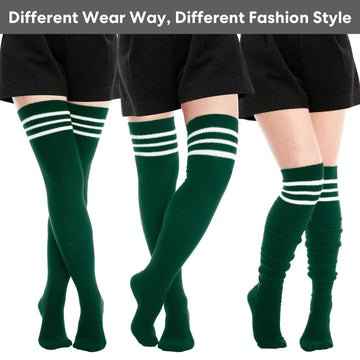 Extra Long Warm Knit Striped Thigh Highs - Emerald Green & White Striped