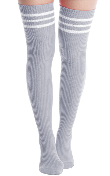 Extra Long Warm Knit Striped Thigh Highs - Grey & White Striped