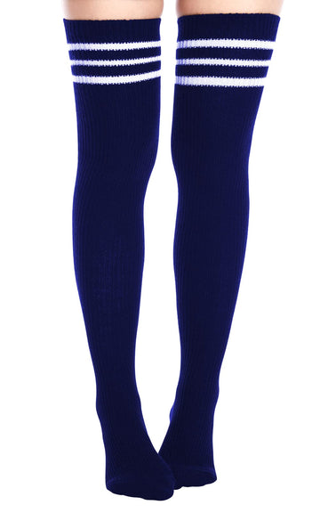 Extra Long Warm Knit Striped Thigh Highs - Navy & White Striped
