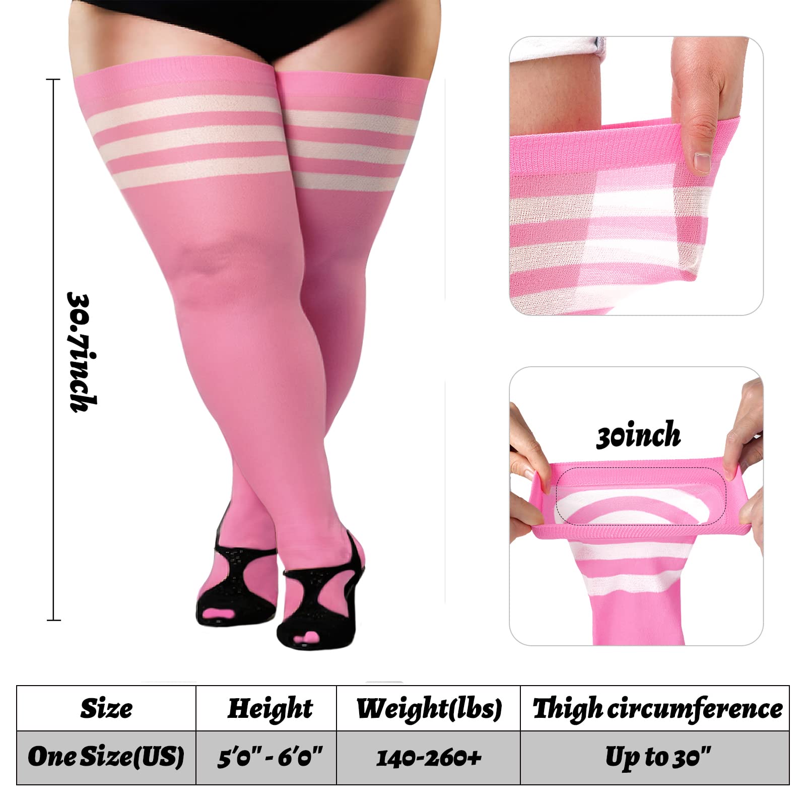 Extra Long Womens Opaque Striped Over Knee High Stockings-Pink & White - Moon Wood