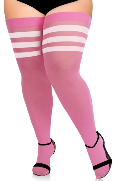 Extra Long Womens Opaque Striped Over Knee High Stockings-Pink & White