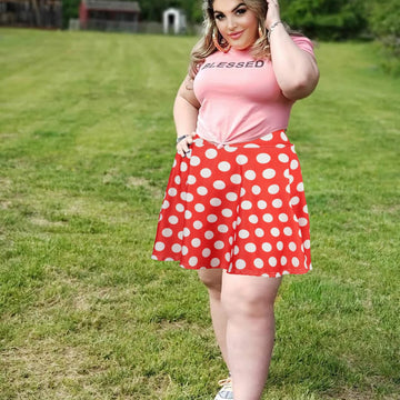 High Waisted Skater Skirt Plus Size-Red & White Dots