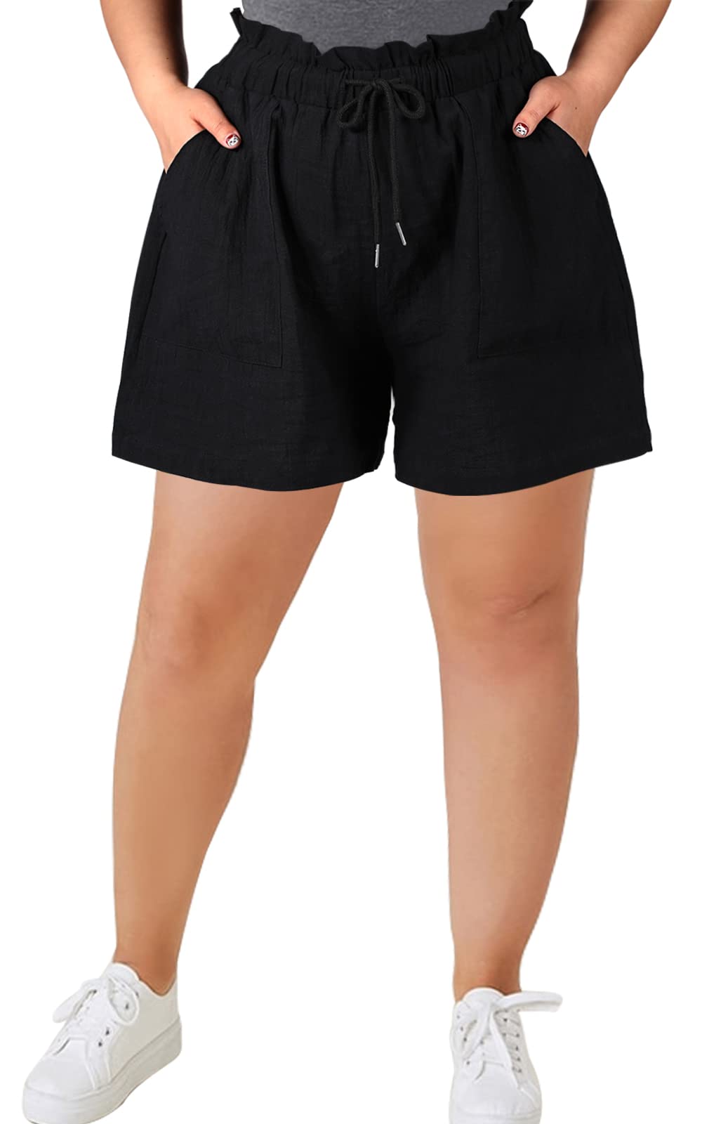 Linen High Waisted Pleated Drawstring Shorts Women's Plus Size Shorts-Black