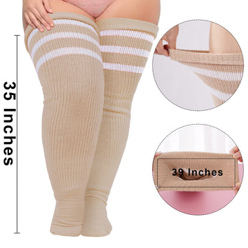 Plus Size Thigh High Socks Striped- Beige & White